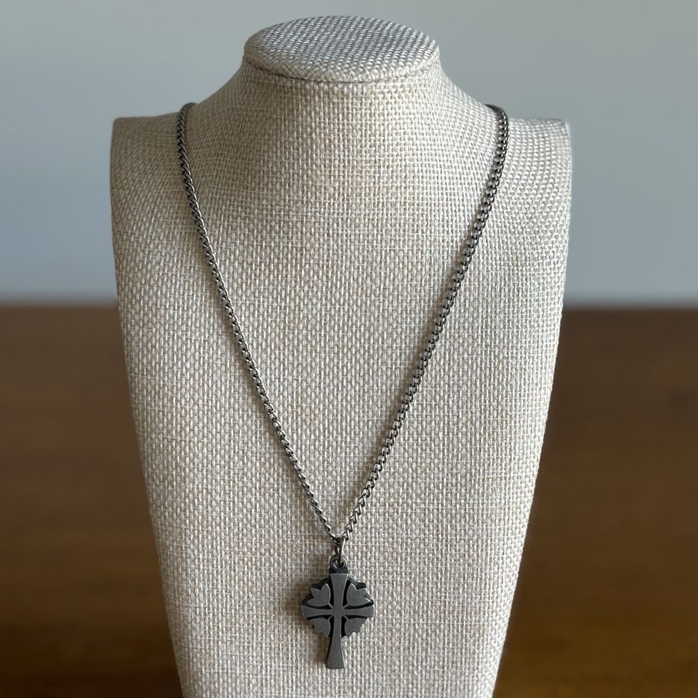 Vtg Rune Tennesmed Swedish Modernist Pewter Floral Cross Hearts Necklace 27"
